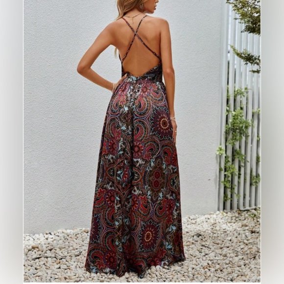 Plunging Neck Crisscross Backless Paisley Print Maxi Cami Dress - Picture 2 of 5
